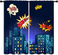 Superhero Rod Pocket Blackout Curtains for Boy Girl Bedroom, Cartoon Skyline Buildings Cityscape Home Energy Efficient Light Filtering Window Curtain for Living Room, 42x63 inch