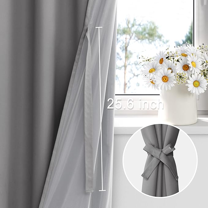 XWZO Total Blackout Curtains 54 Inches Long - Double Layer Full Room Darkening & Energy Efficiency Rod Pocket Window Panels with Tiebacks, Grey, W42 x L54, Set of 2