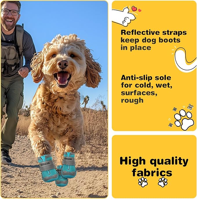 Hcpet Dog Shoes for Large Dogs, Breathable Dog Booties for Small Medium Dogs, Anti-Slip Dog Boots & Paw Protectors for Hot Pavement Winter Snow Hiking with Reflective Straps Blue Size 4