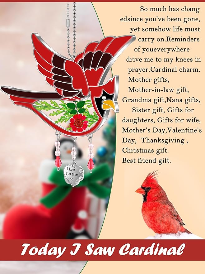 KY&BOSAM Cardinal Suncatcher I Love You Mom Glass Hangings for Windows Wind Chime Ornament with Hand Painted Real Flower and Metal Heart Charm Birthday Gifts for Women Mom Mother's Day
