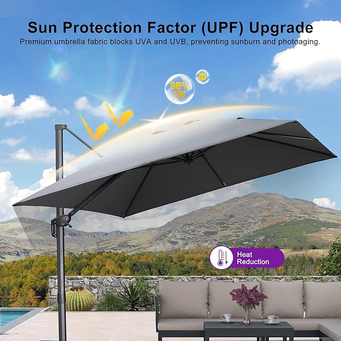 PURPLE LEAF 10 FT Cantilever Patio Umbrella Outdoor Aluminum Offset Square Umbrella with 3 Years Fade Resistance Recycled Fabric and 360-degree Rotation for Deck Pool Gard, Mist Grey