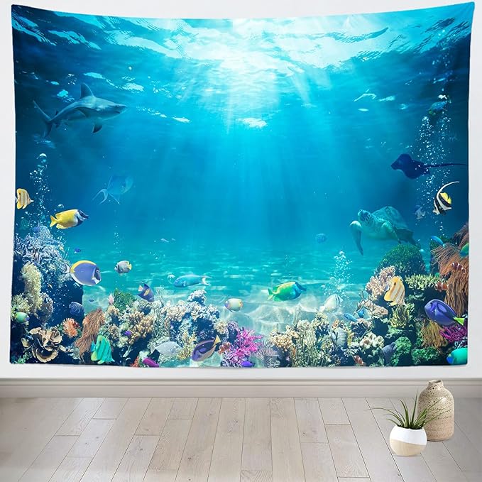 Loccor Underwater World Tapestry Blue Ocean Wall Hanging Under the Sea Coral Reef Wall Tapestry 140x98 Inches Tropical Fish Tank Undersea Tapestries Marine Wall Art for Bedroom Living Room Dorm Decor