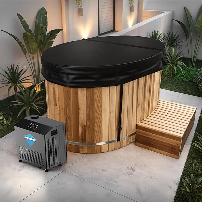 Premium 62-in. Cedar Wood Cold Plunge and Hot Tub with 3/4HP Chiller and Heater | Stainless Steel Tub with Wooden Step, Foldable Cover, Headrest, and WiFi App Control Chiller for Indoor/Outdoor Use