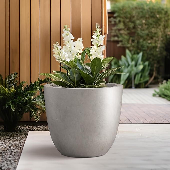 Kante 10 Inch Dia Round Concrete Planter, Indoor Outdoor Large Plant Pot with Drainage Hole and Rubber Plug for Home Patio Garden, Buff Concrete