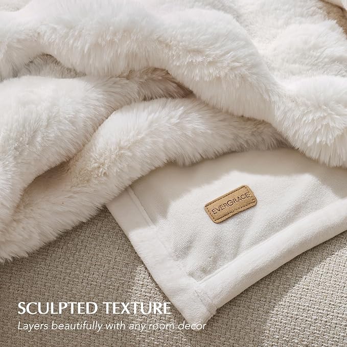 EVERGRACE Ultra Soft Luxury Fluffy Ridgeline Faux Rabbit Fur Throw Blanket, Thick Warm Bubble Throw for Bed, Cozy Plush Reversible Blankets for Couch, Chair, Sofa, Ivory White, 50x60 Inches, 870 GSM