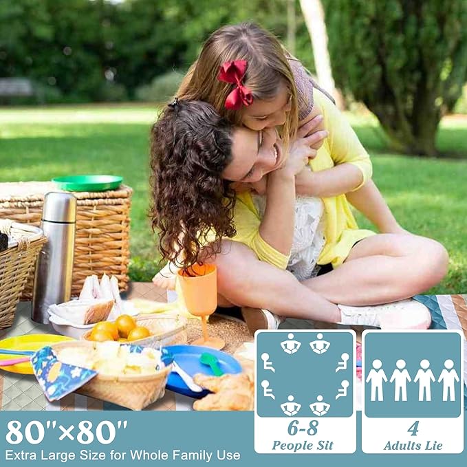 Waterproof Picnic Blanket 80" x 80" in Portable with Carry Strap for Beach Mat or Family Outdoor Camping Party, Park Blanket for Grass Park, Hiking, Travel, Concerts (Crystal Blue & Orange, 80" x 80")