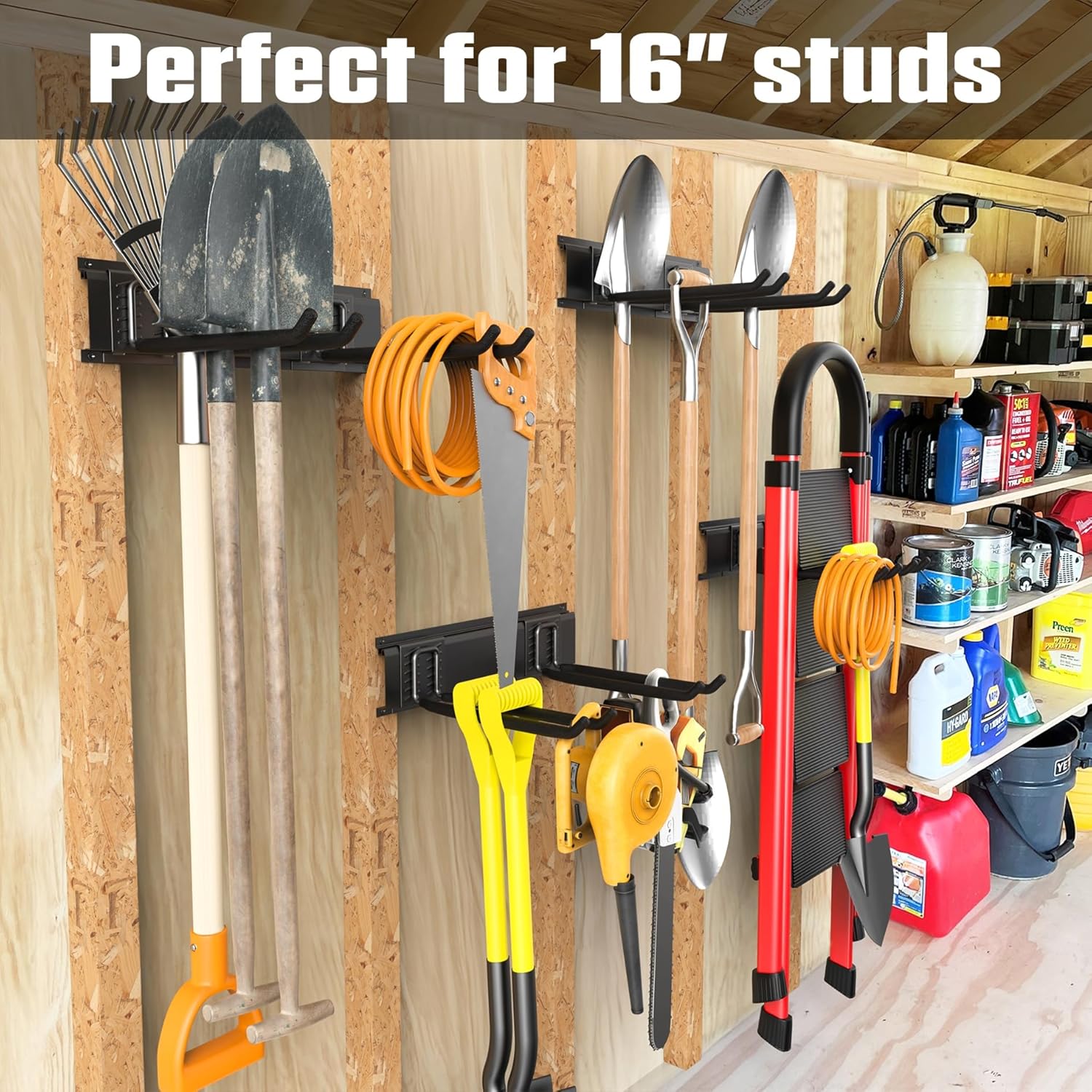 WALMANN Wall Mounted Garden Tool Organizer for Garage, Heavy Duty Folding Chair Storage Rack, 11-Inch Tools Storage Hooks for Shovels, Rakes, Ladders, Hold Up to 400 lbs