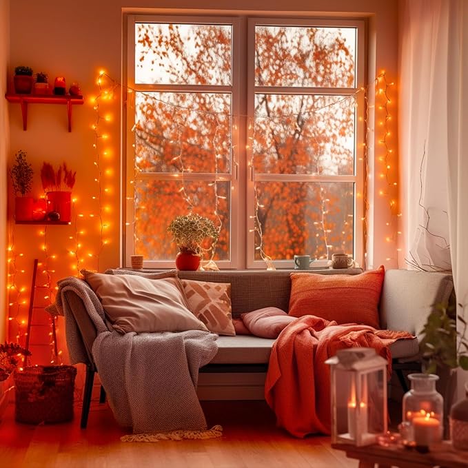 JMEXSUSS 66ft 200 LED Thanksgiving Lights Outdoor, Orange String Lights Indoor Clear Wire, 8 Modes Orange Christmas Lights Plug in for Fall Autumn Harvest Tree Garden Patio Thanksgiving Decorations