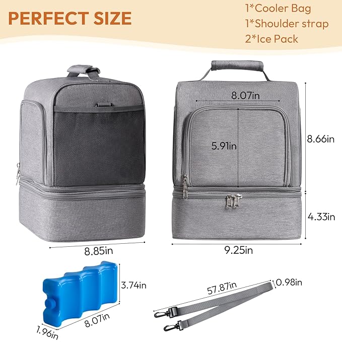 NCVI Breast Pump Bag, Double Layer Removable Pump Bag for Spectra S1, S2, Medela, Breast Pump Backpack with Ice Pack, Insulated Breast Milk Cooler Bag for Working Nursing Moms, Grey