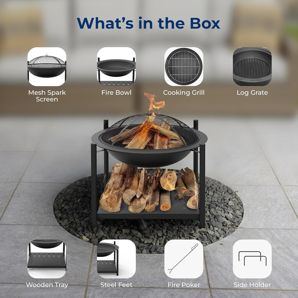 SereneLife Portable Outdoor Fire Pit - 2-in-1 Steel BBQ Grill and 26" Wood Burning Fire Pit Bowl with Mesh Spark Screen, Log Grate, Fire Poker, and Cover for Camping, Picnic, Bonfires
