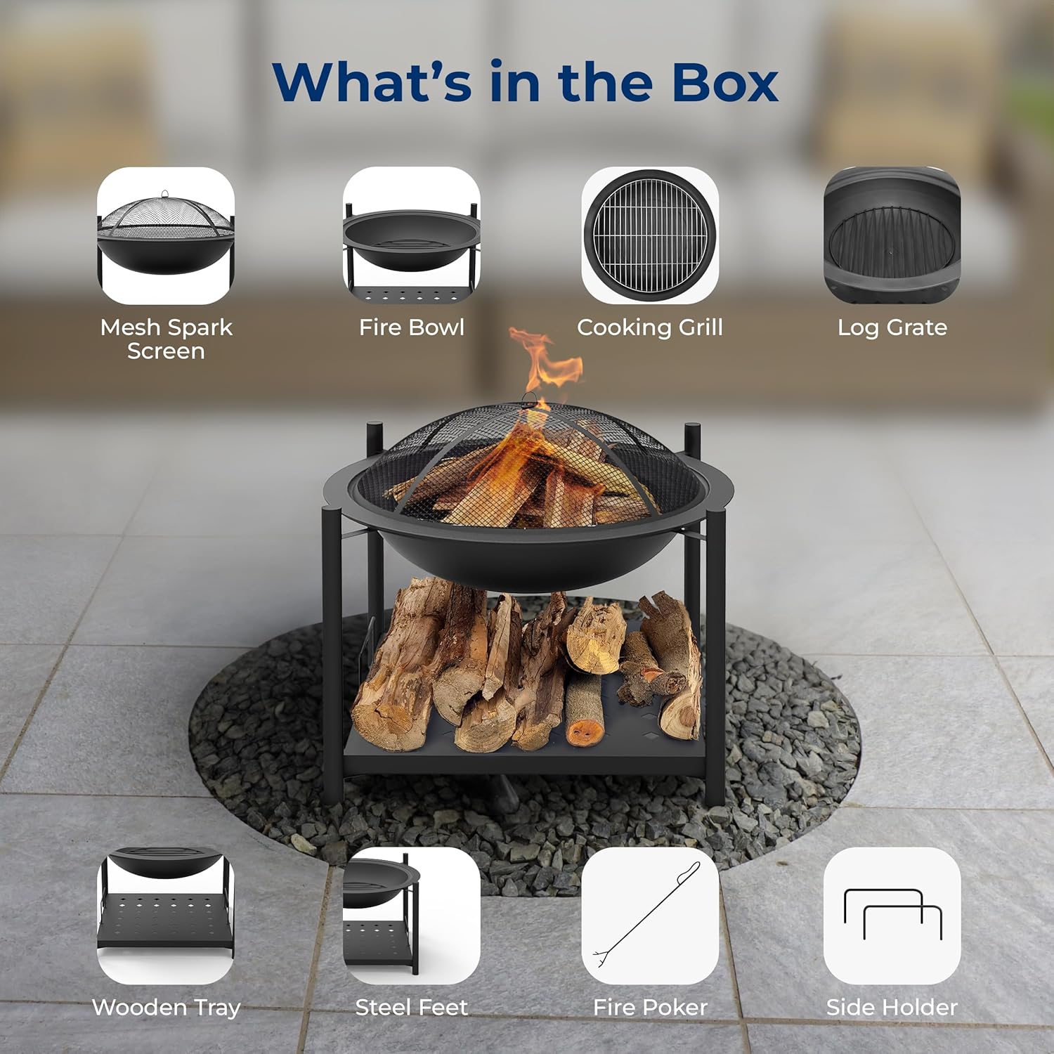 SereneLife Portable Outdoor Fire Pit - 2-in-1 Steel BBQ Grill and 26" Wood Burning Fire Pit Bowl with Mesh Spark Screen, Log Grate, Fire Poker, and Cover for Camping, Picnic, Bonfires