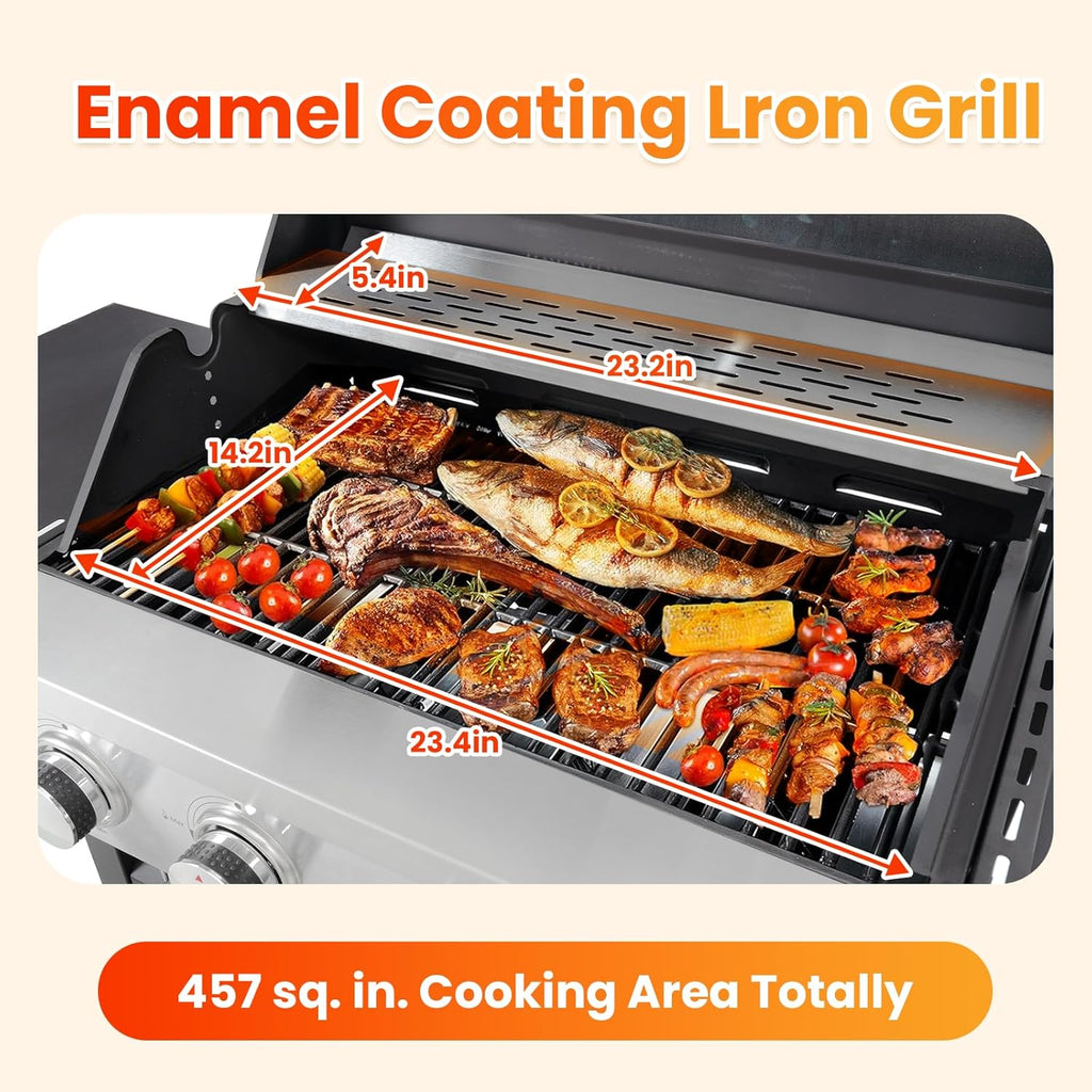 4-Burner Propane Gas BBQ Grill with Side Burner, Porcelain-Enameled Cast Iron Grates and Side Tables, 46,500 BTU Stainless Steel Grill for Outdoor Camping Barbecue Grilling Backyard Cooking
