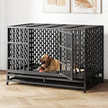48/42 Inch Heavy Duty Indestructible Dog Crate Steel Escape Proof, Indoor Double Door High Anxiety Cage, Kennel with Wheels, Removable Tray, Extra Large XL XXL