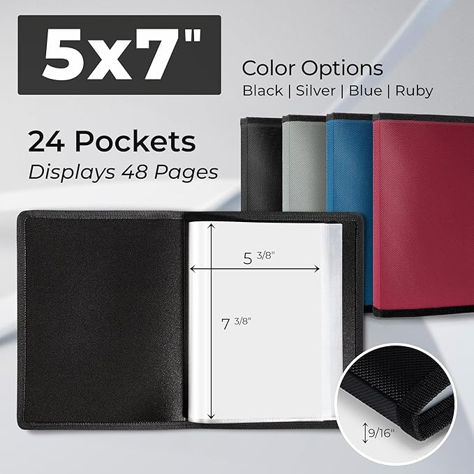 Dunwell Small Photo Album 5x7 (2-Pack, Black), Mounting Paper 5 x 7 Photo & Art Portfolio Presentation Binder, 24 Sleeves Displays 48 Pages, Professional Picture Book for 5x7 Artwork, Postcards
