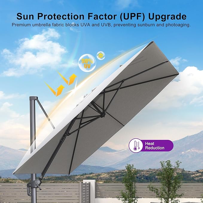 PURPLE LEAF 9 FT Cantilever Patio Umbrella Outdoor Aluminum Offset Square Umbrella with 3 Years Fade Resistance Recycled Fabric and 360-degree Rotation for Deck Pool Garden, Pebble Grey