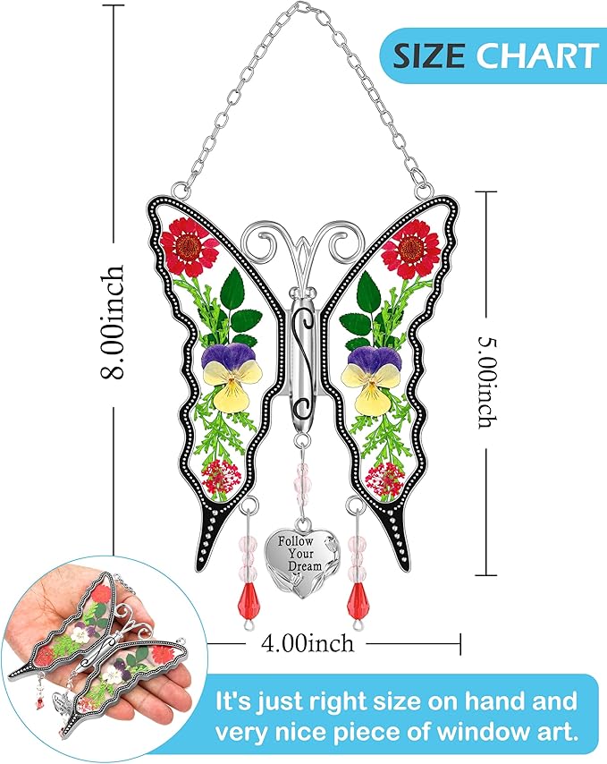 KY&BOSAM Butterfly Suncatcher Follow Your Dream Gifts for Mother Pressed Flower Between Wings Glass Hanging for Windows Charm Birthday Gifts for Women Mother's Day Valentine's Thanksgiving Christmas