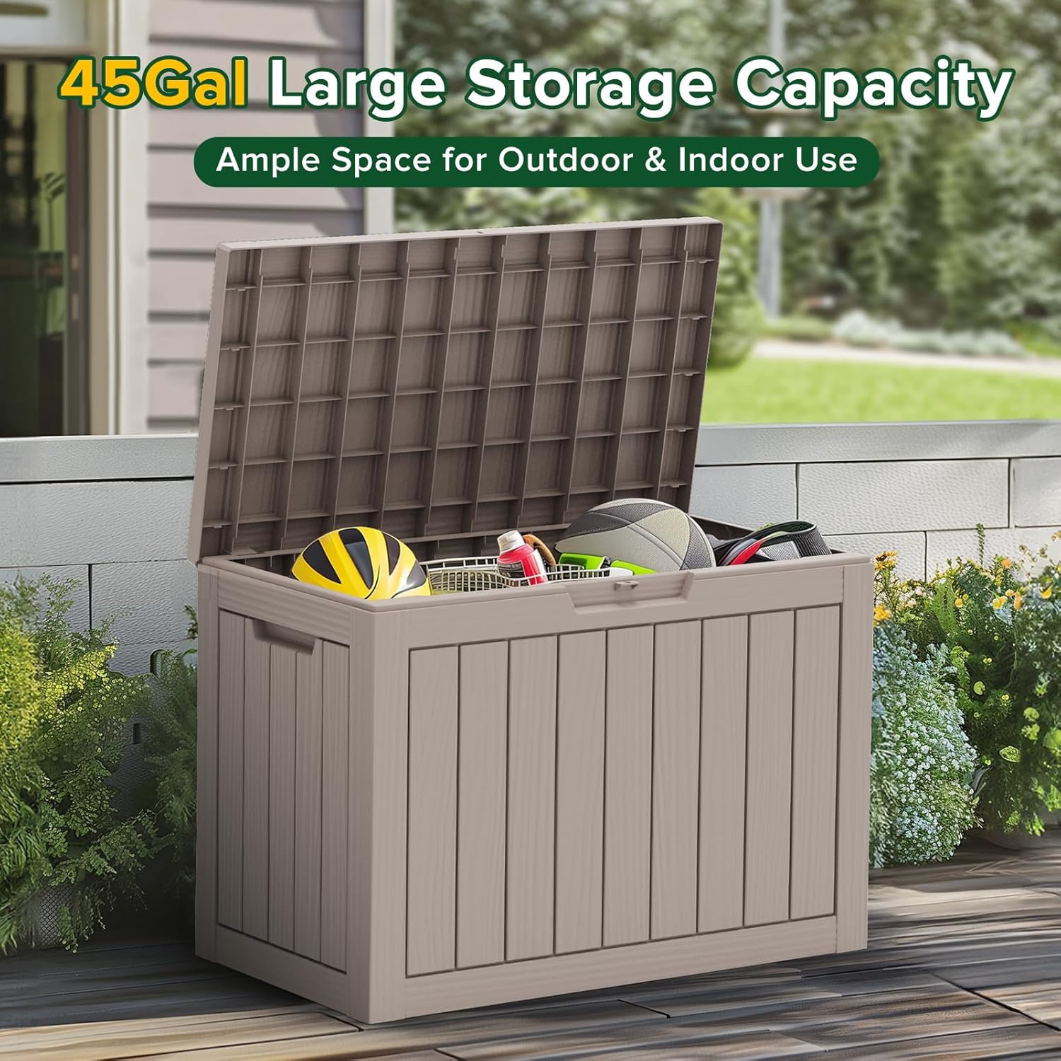45 Gallon Waterproof Large Resin Deck Box Indoor/Outdoor Lockable Storage Container and Seating for Garden, Pool, and Patio (45 Gallon, Grey)