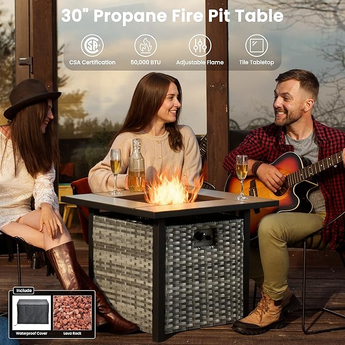 ovios 8 Pieces Patio Furniture Set with 30" Fire Pit Table, Outdoor Wicker Sofa with Comfy Cushions, All Weather High Back Rattan Couch Conversation Set, Denim Blue