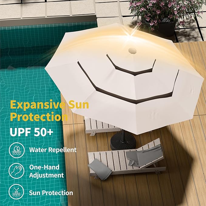 Kingdura 10ft 3-Tier Patio Umbrella with Solar Lights, Table Umbrella Outdoor Patio with Easy Crank & Tilt, 8 Sturdy Ribs, UV Protection, 32 LED Lights for Deck, Poolside, Market (Beige)