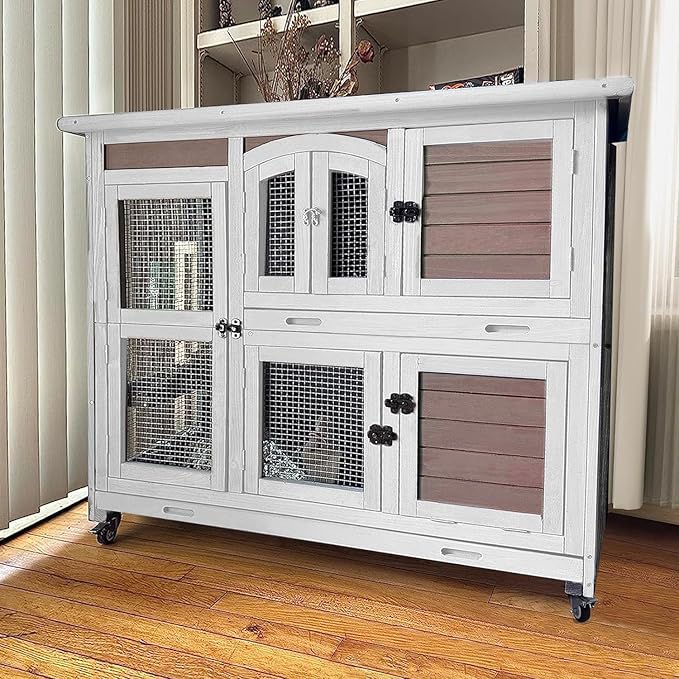 GUTINNEEN Rabbit Hutch Indoor Outdoor Bunny House Guinea Pig Cage on Wheel with Plastic Tray 47inch (Brown)