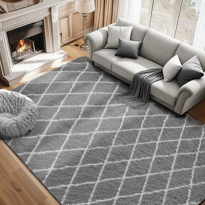 Fluffy Rug for Bedroom, 4X6Feet Super Soft Rug, Stripe Checkered Anti-Skid High Pile for Living Room Bedroom Kids Room Nursery, Dorm Home Decor