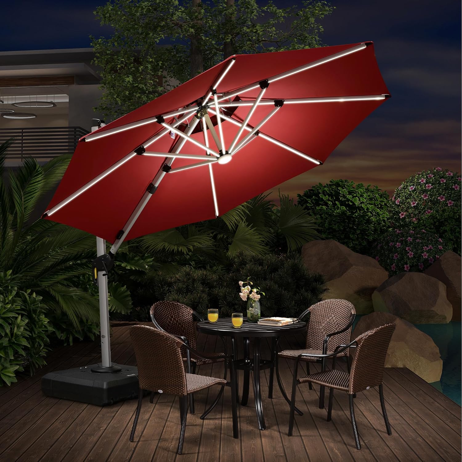 PURPLE LEAF 10ft Solar powered LED Patio Umbrella Outdoor Round Umbrellas Large Cantilever Umbrella with LED lights Windproof Offset Umbrellas Heavy Duty Sun Umbrella for Garden Deck Pool Patio, Terra