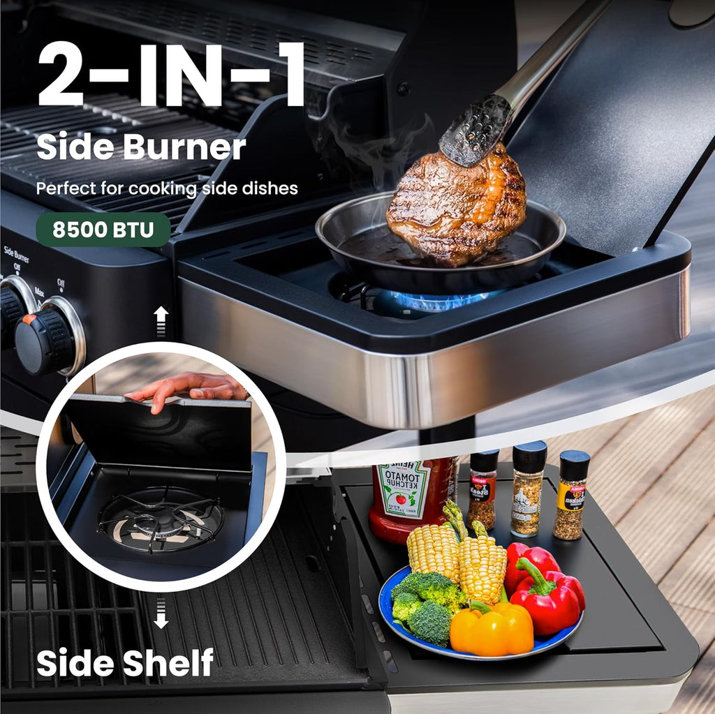 2 in 1 Propane Gas BBQ Grill with Side Burner & Porcelain-Enameled Cast Iron Grate, 4-Burner Flat Top Griddle, 46,700 BTU Outdoor Barbecue Propane Griddle Grill Combo for Camping, Patio, Backyard