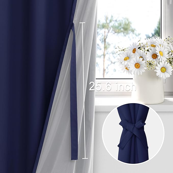 XWZO Full Shading Blackout Curtains 84 Inches Long with Tiebacks- Heat and Light Blocking Rod Pocket Window Drapes with Black Liner Backing for Bedroom/Kid's Room, Navy Blue, W52 x L84, Set of 2