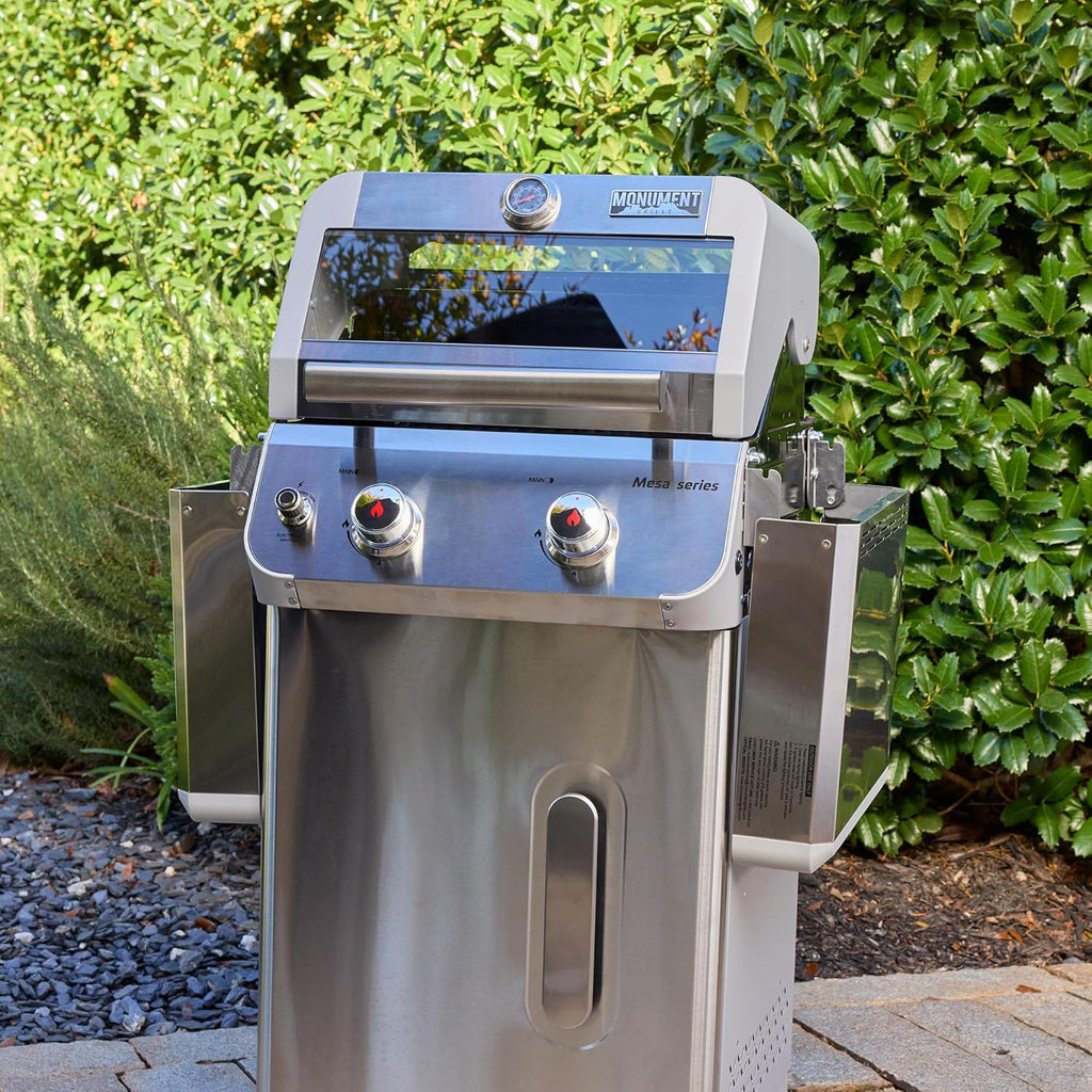 Monument Grills 2-Burner Stainless Steel Liquid Propane Gas Grill, Two Foldable Shelves Patio Garden Barbecue Grill with Clearview® Lid, Knob Control, Mesa200S with BBQ Cover