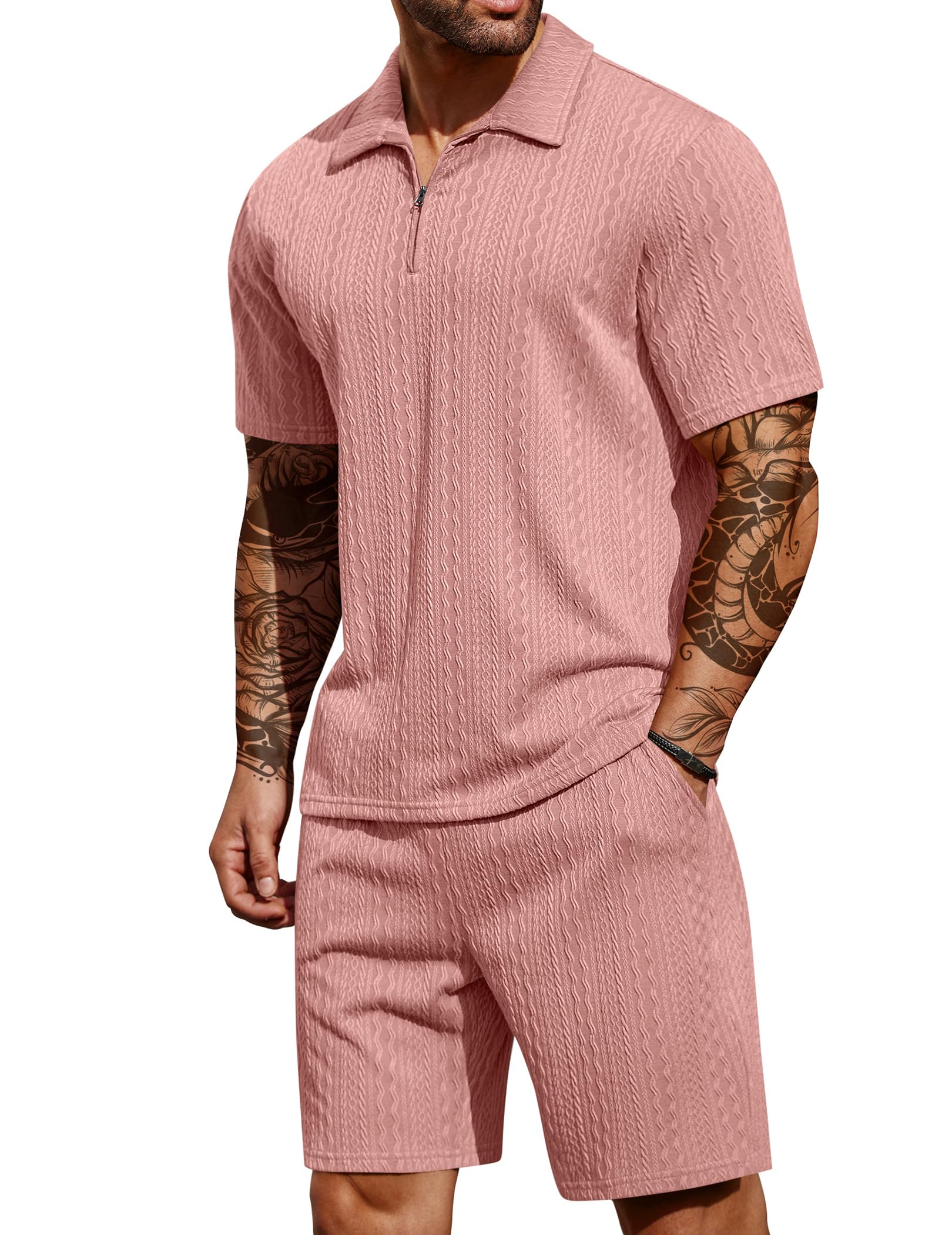 COOFANDY Men's 2 Pieces Outfits Casual Quarter Zip Polo Shirt and Shorts Set Athletic Jogging Summer Tracksuit