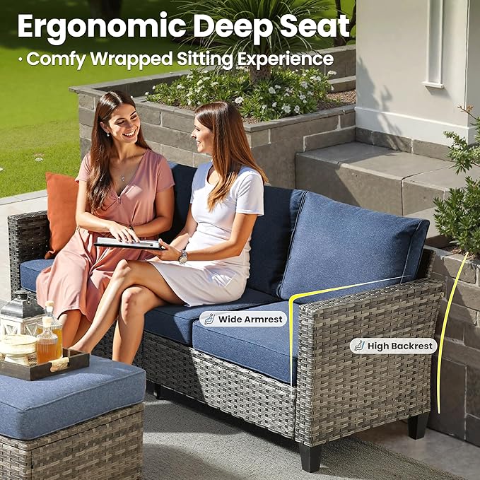 ovios 8 Pieces Patio Furniture Set with 54" Fire Pit Table, Outdoor Wicker Sofa with Comfy Cushions, All Weather High Back Rattan Couch Conversation Set, Denim Blue