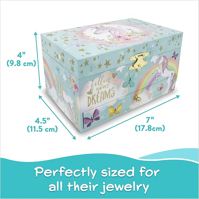 The Memory Building Company Unicorn Musical Jewelry Box, Classic Melody Storage Organizer Kids Ages 6-12, Wood Construction w/ 2 Compartments