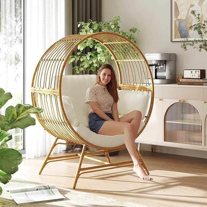 Egg Chair Outdoor Indoor, Oversized Rattan Chair with Thicken Cushion, 350LBS Capacity Wicker Patio Lounge Chair, Basket Chair for Living Room Balcony Porch Backyard, Beige