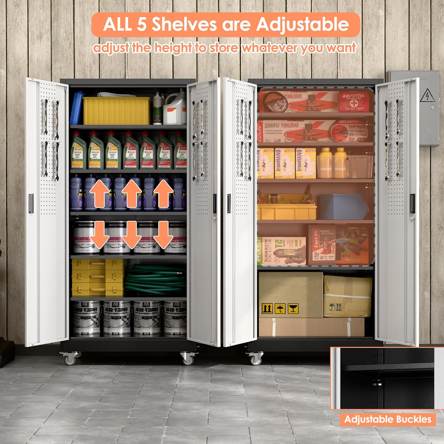 Aobabo Garage Metal Storage Cabinet with Wheels, 71" H×34" W×18" D Locking Steel Storage Cabinet with 5 Shelves and 4 Hooks, for Home Office, School, Assembly Required, Black Silver