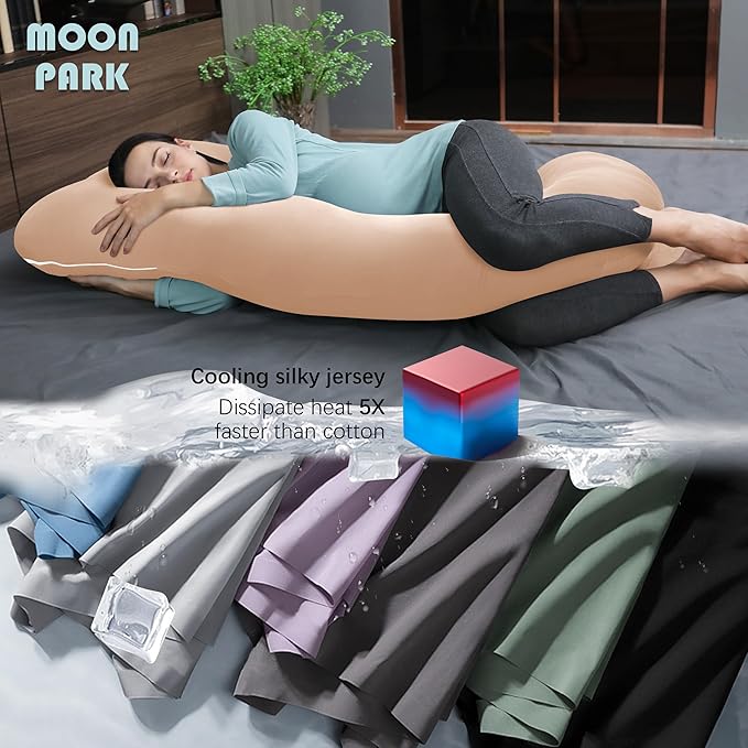 MOON PARK Pregnancy Pillows for Sleeping - U Shaped Full Body Maternity Pillow with Removable Cover - Support for Back, Legs, Belly, HIPS - 57 Inch - Brown - Cooling Cover