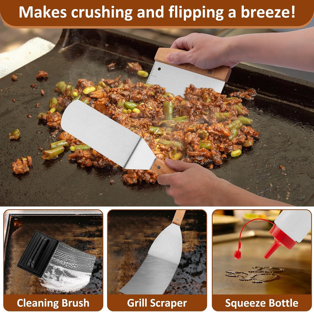 Griddle Accessories Set of 25, Leonyo Flat Top Grill Accessories, Professional BBQ Tool with Enlarged Spatulas Scraper, Basting Cover, Smash Burger Press, Carry Bag for Outdoor Barbecue, Wood Handle