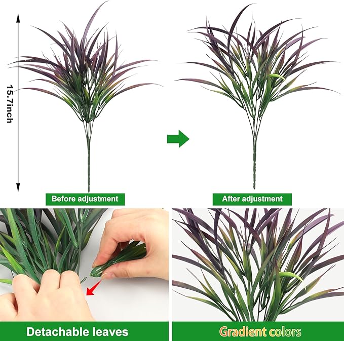 Ouddy Decor 16 Bundles Artificial Plants Outdoor Fake Grass Greenery Stems UV Resistant Faux Plastic Shrubs for Autumn Garden Pathway Front Porch Home Harvest Thanksgiving Halloween Decor, Purple