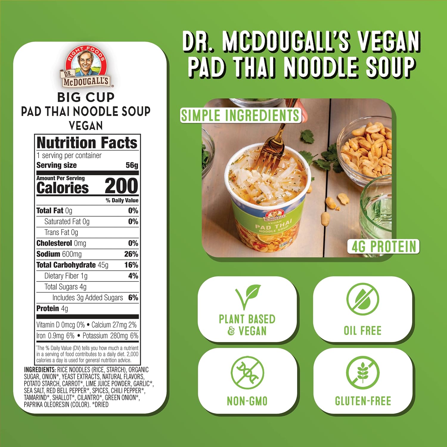 Dr. McDougall's Plant-Based Pad Thai Noodle Soup Big Cup, Pack of 6, 2 Oz.