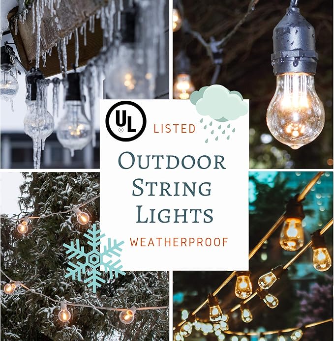 Hometown Evolution, Inc. E26 Commercial String Lights with 16 Gauge Wire (50 Foot 25 Socket, A15 15 Watt Clear Bulbs)