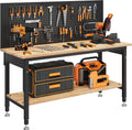 60" Work Bench Adjustable Height with Storage Shelf, Max Load 2000 LBS Heavy Duty Rubberwood Tabletop with Pegboard, LED Light, Built-in Power Strip for Woodworking Shop, Garage, Home