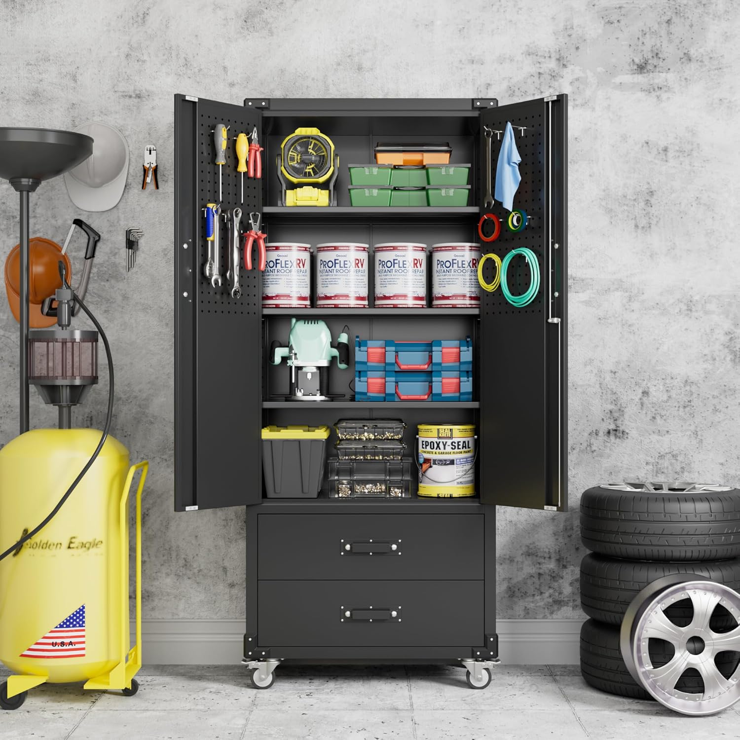 Upgraded Metal Garage Storage Cabinet with Wheels and 2 Drawers, Rolling Tool Cabinet with 3 Shelves and Pegboard Behind The Door for Home Office Garage,Assembly Required,Black