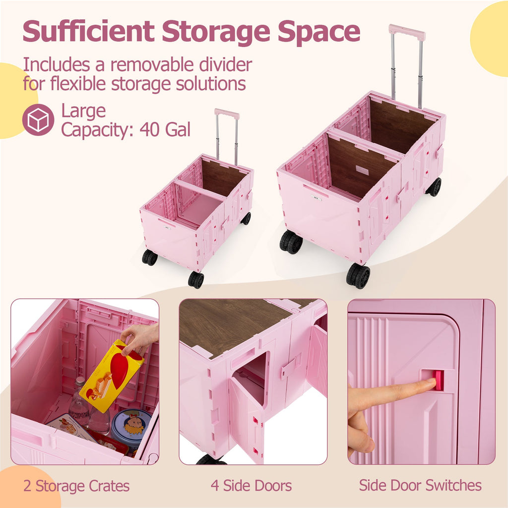 Large Foldable Utility Cart with 2-Tier Storage Crates and Telescoping Handle
