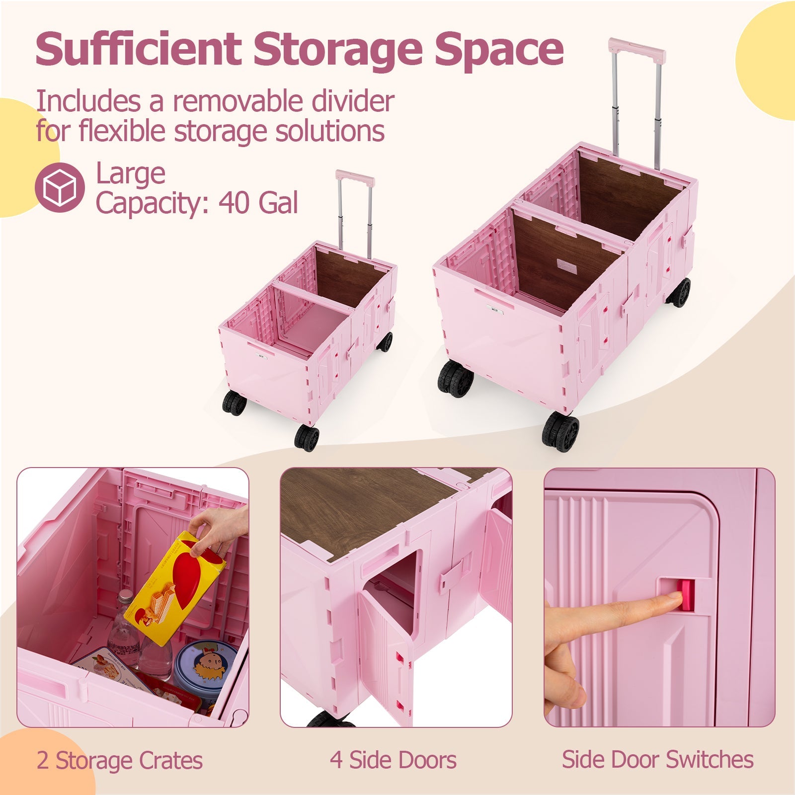 Large Foldable Utility Cart with 2-Tier Storage Crates and Telescoping Handle