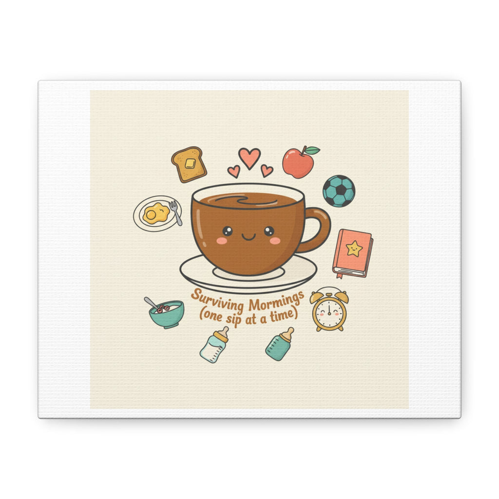 Surviving Mornings (One Sip at a Time) Canvas | Parenting Morning Humor, Coffee & Kids