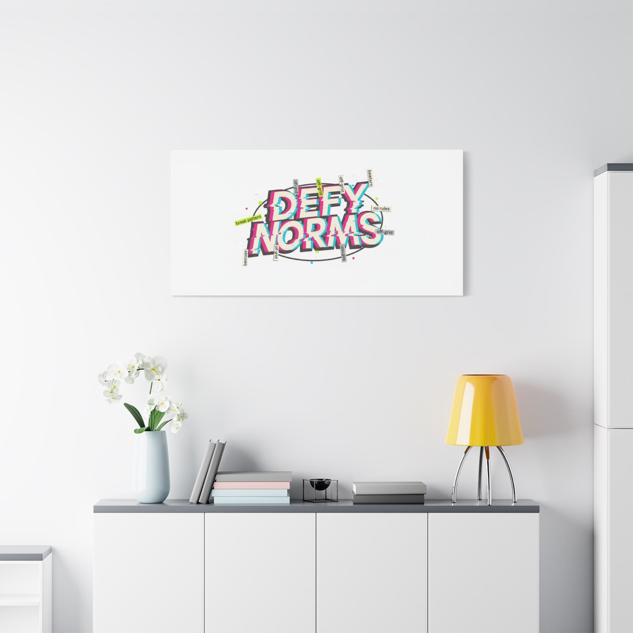 Defy Norms Canvas, Anti-Aesthetic Glitch Typography, Brutalist Poster Style
