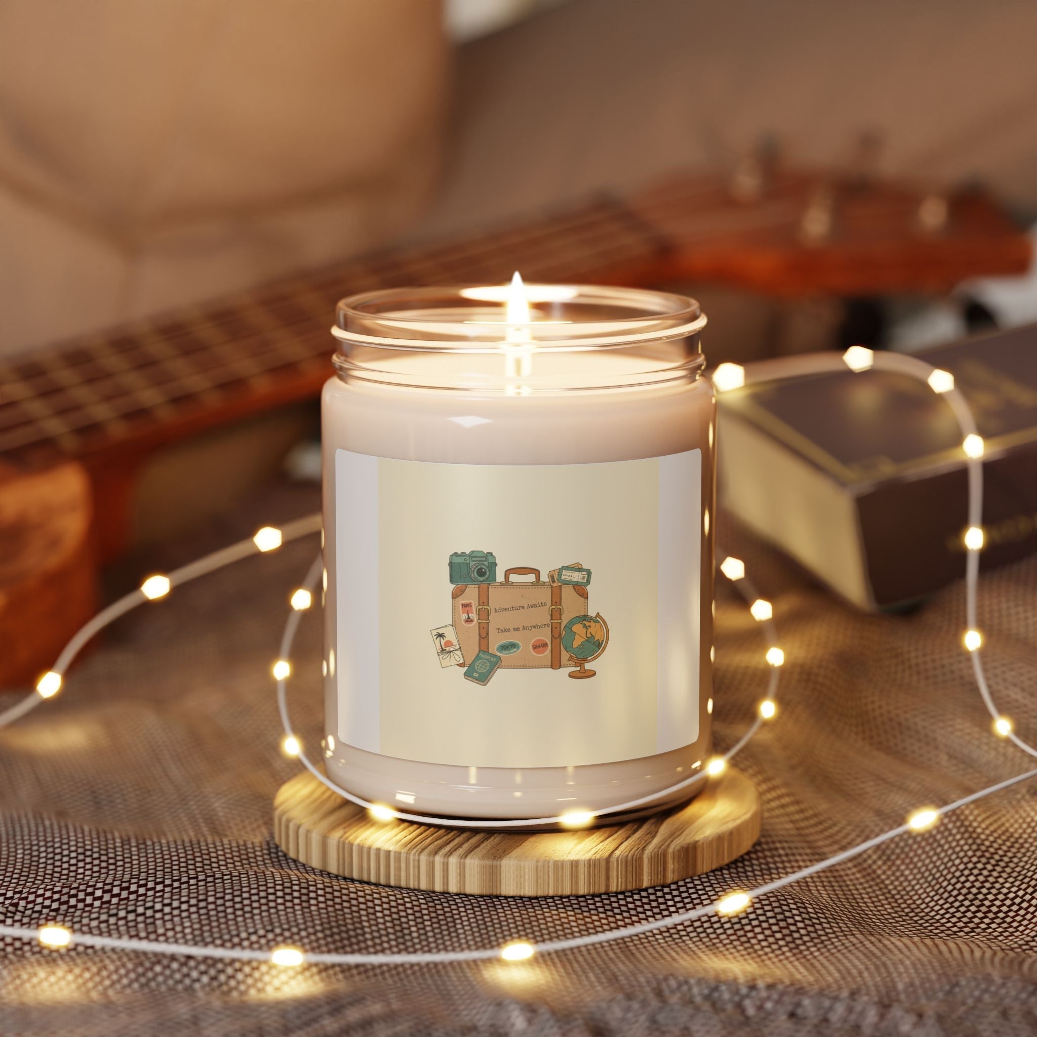 Retro Travel Postage Candle, soy jar candle, wanderlust postcard design