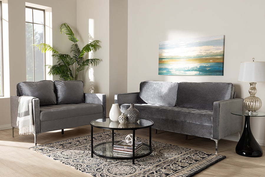 Baxton Studio Clara Modern and Contemporary Grey Velvet Fabric Upholstered 2-Piece Living Room Set
