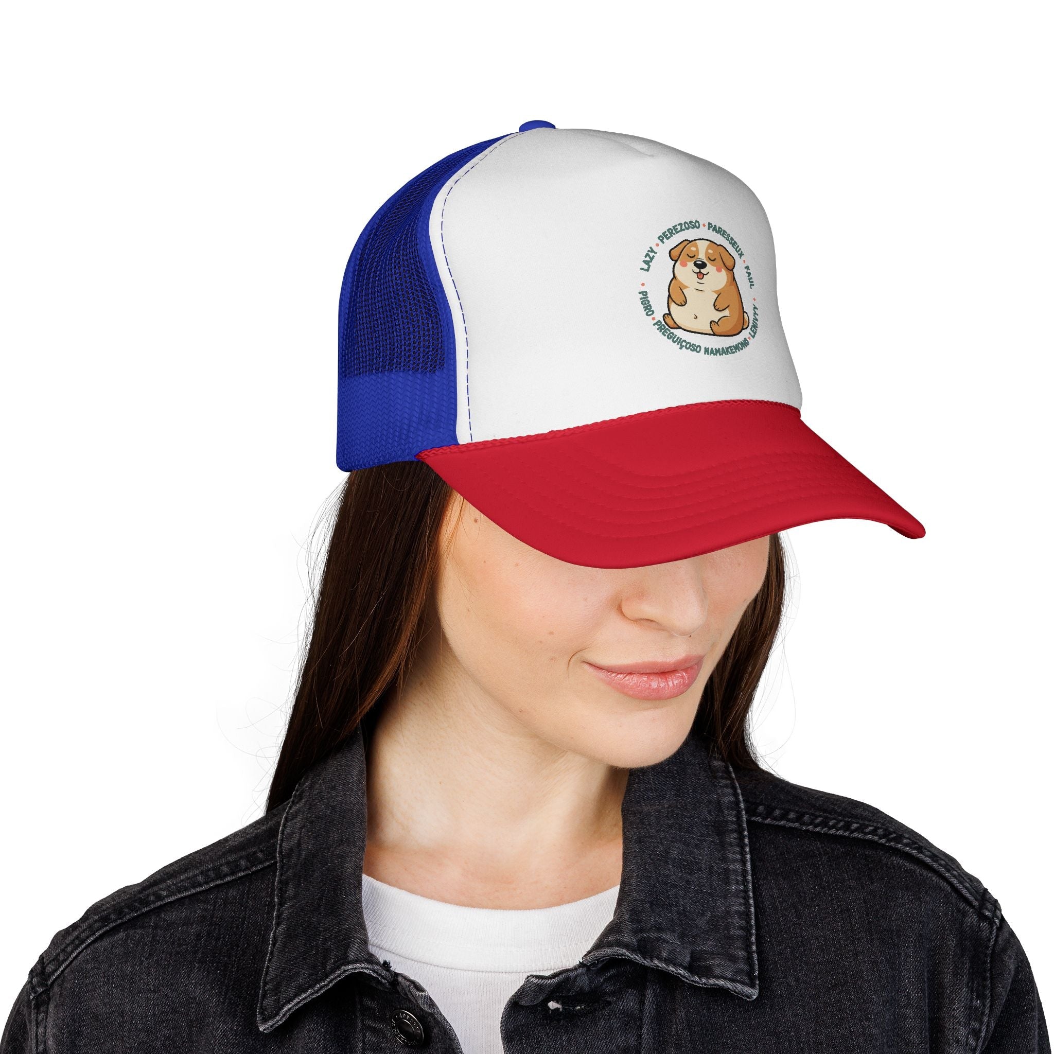 Funny Dog Meme Trucker Cap — "Fat Lazy" Multilingual Design (8 Languages)