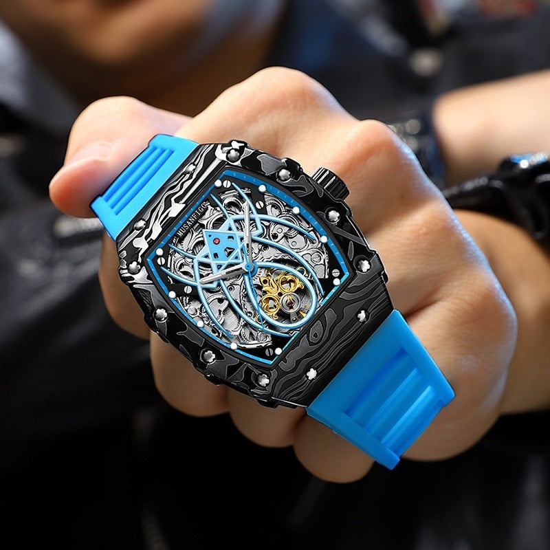 Barrel-shaped Fully Automatic Mechanical Luminous New Sports Fashion Mens Hollow-out Watch