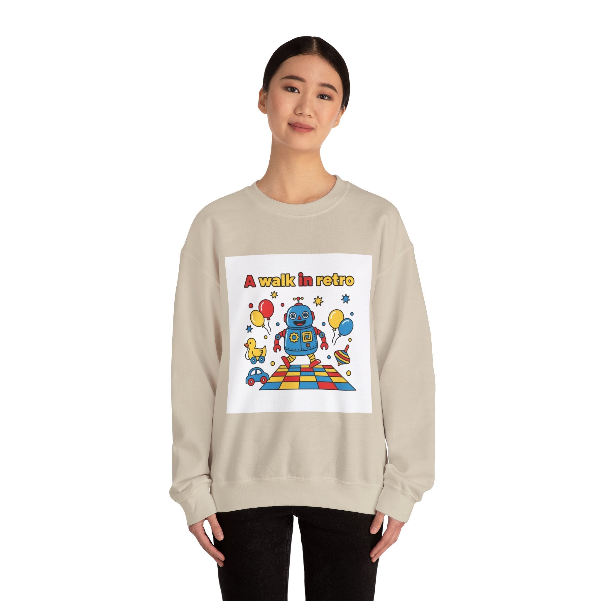 Retro Toy Robot Crewneck Sweatshirt | Throwback Kid, Primary Color Retro